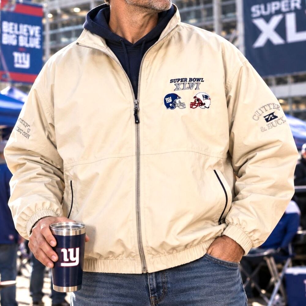Super Bowl XLVI Windbreaker Jacket Giants Patriots NFL Sports Tan Beige XXL